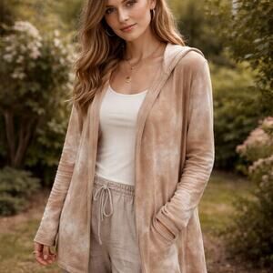 SJS  Open Front Womens Cardigan Sz M Lagenlook Boho Neutral Hooded Peach Tie Dye